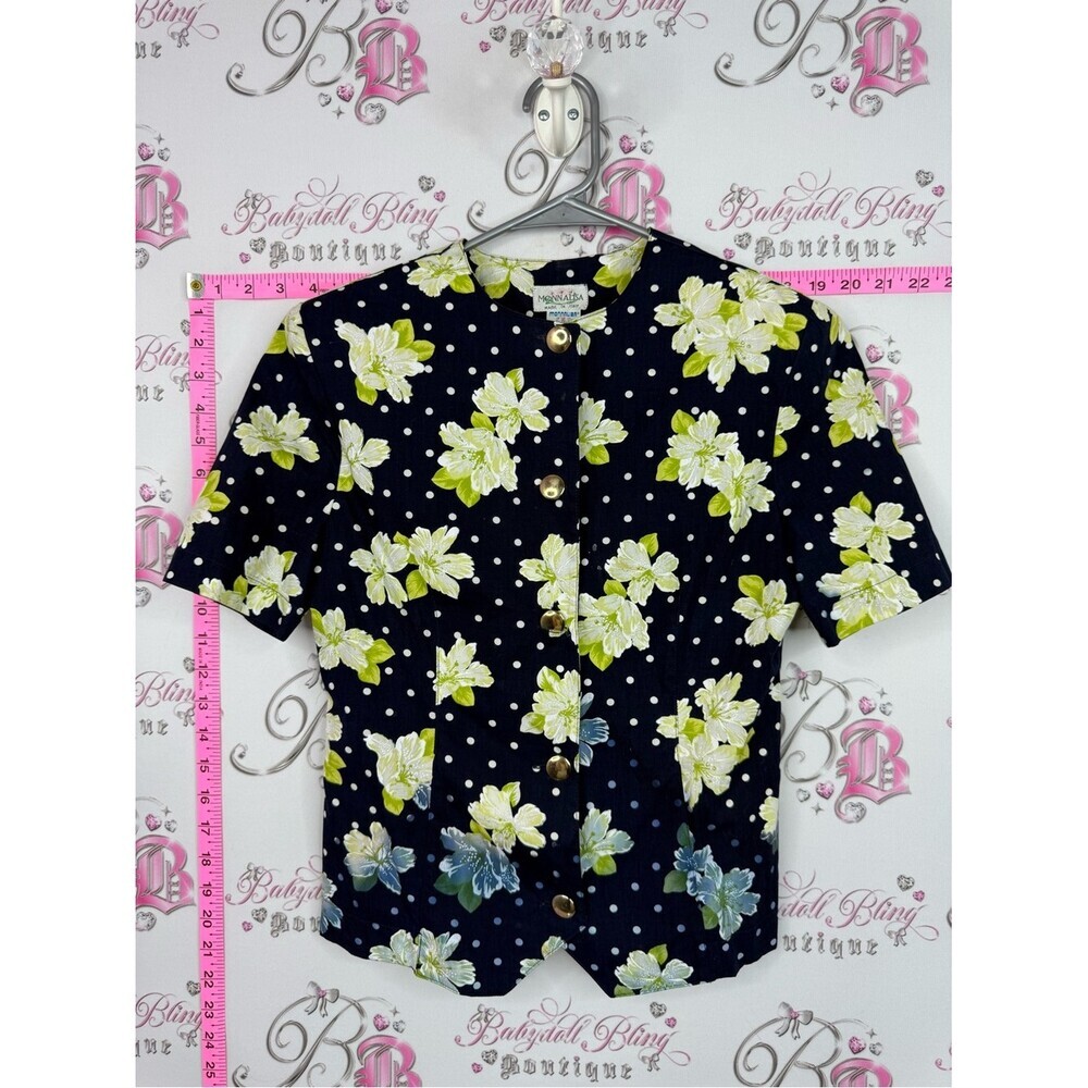 MONA LISA Italy vintage top Black Floral Polka Dot Button Front Top